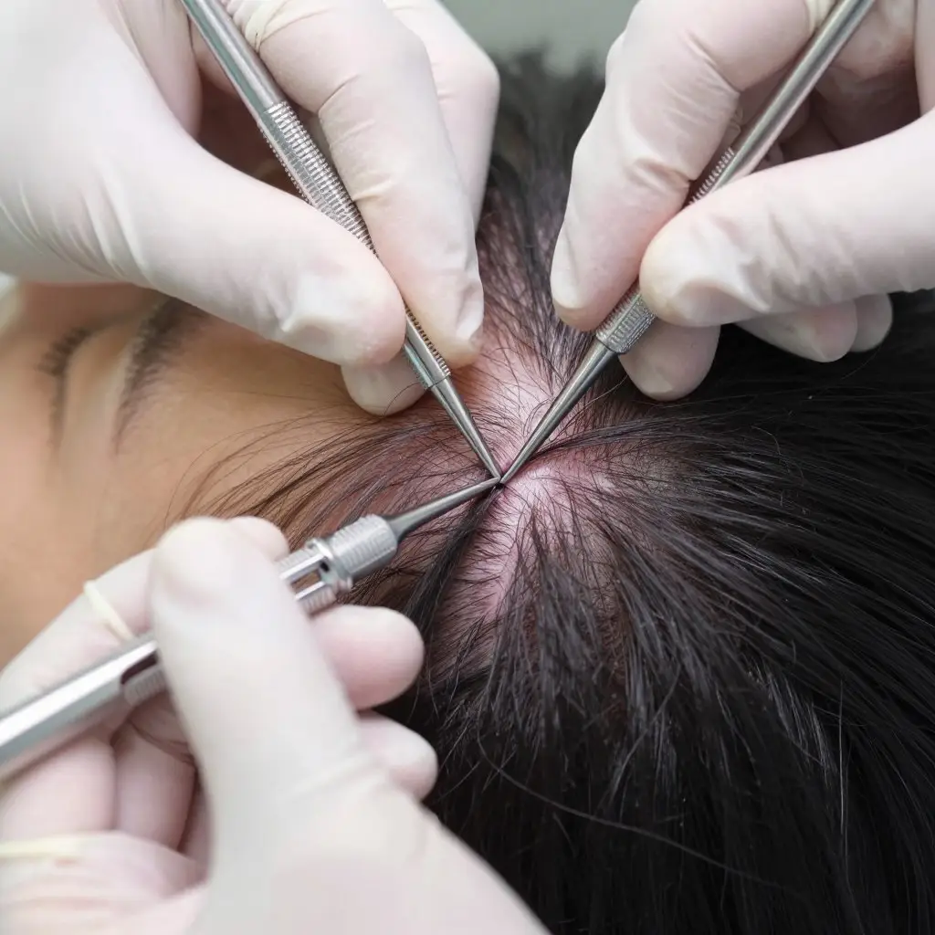 Close-up of hair transplantation procedure showing individual follicular unit extraction