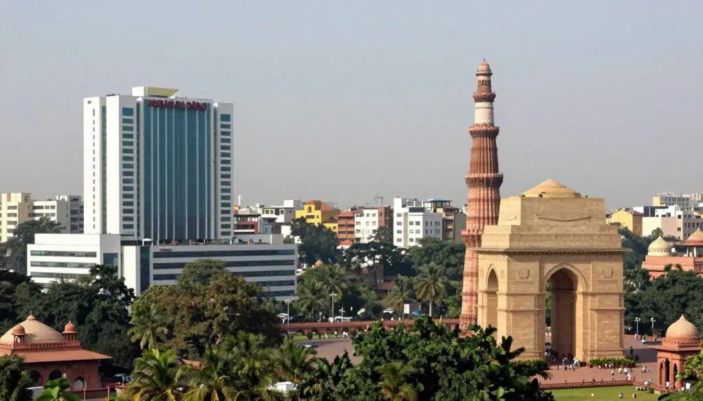 Delhi skyline featuring modern medical facilities and historic monuments