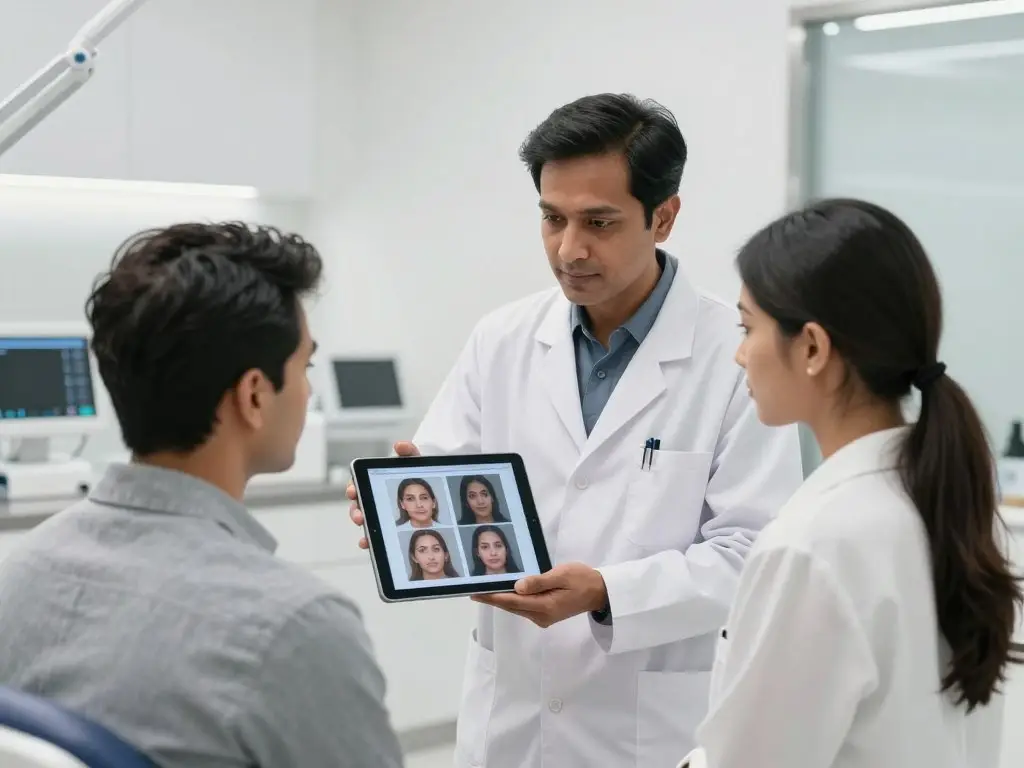 Doctor consulting with a patient about hair transplantation options in a modern Indian clinic