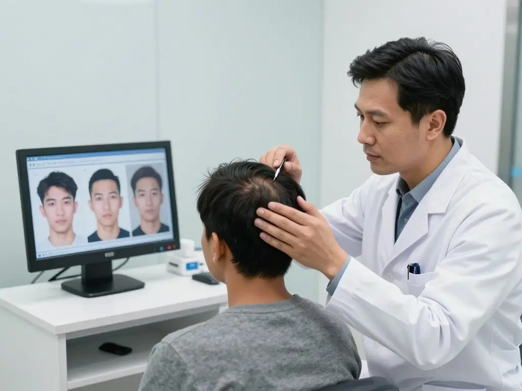 Doctor consulting with patient before hair transplantation procedure