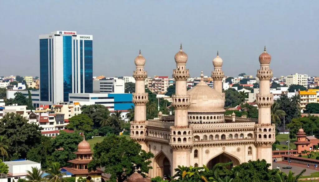 Hyderabad cityscape with modern medical facilities and historic architecture