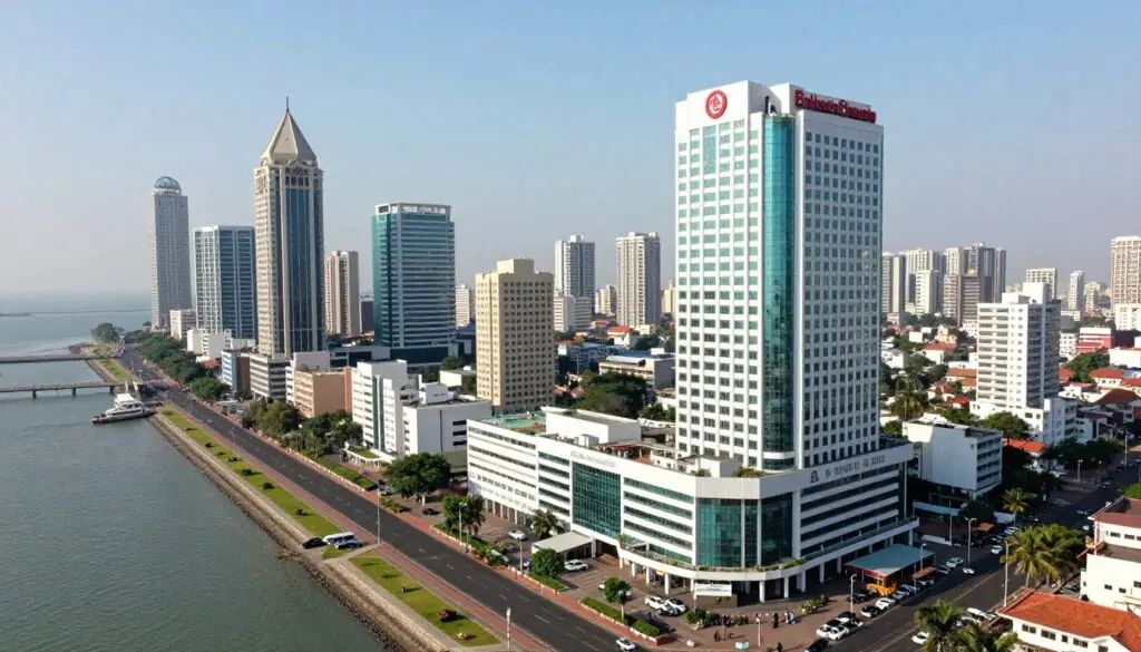 Mumbai skyline with modern medical facilities and coastal views